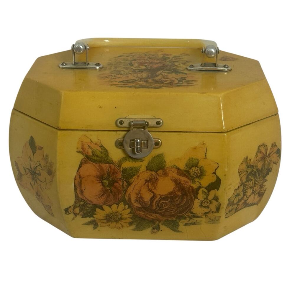 Vintage Yellow Floral Cosmetic Case with Top Handle